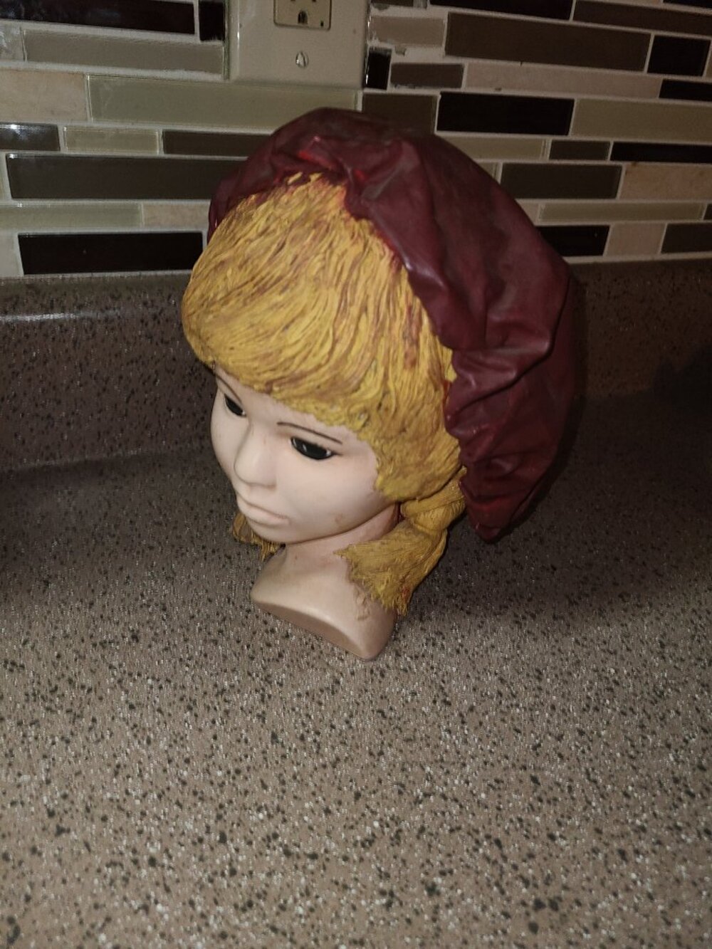 VTG Ceramic Blonde Girl Head Bust Figurine Paper Mache Hat Textured Hair